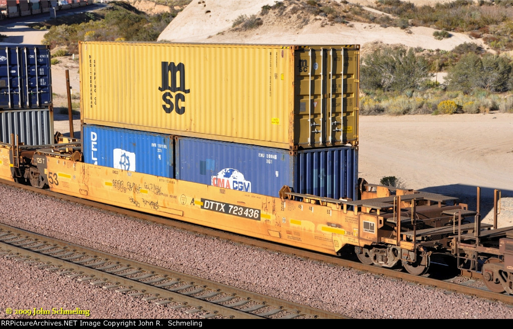 DTTX 723436-A with containers at Alray-Cajon Pass.  10/31/2009